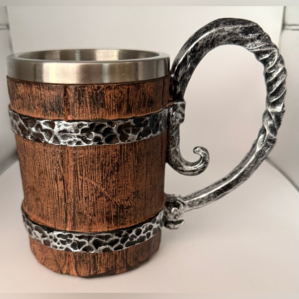 Viking Barrel Mug Rustic Medieval Feast 550ML Stainless Steel Norse Tankard Cup